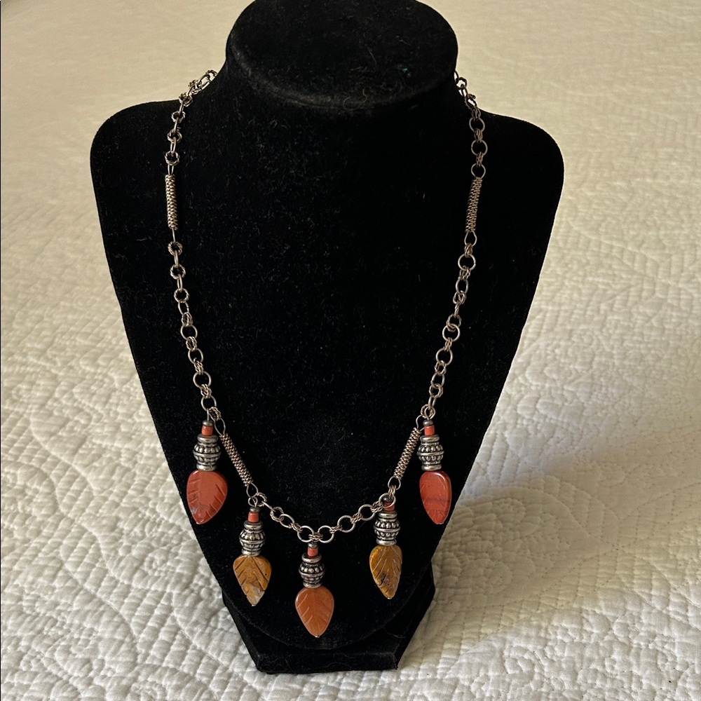 Red, Orange and Tan Agate stone Leaf Pendant and silver chain Necklace